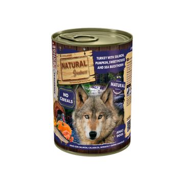 Lata de comida húmeda Natural Greatness Pavo Salmón Calabaza Boniato Espino Amarillo 400g para perro adulto hipoalergénica sin cereales