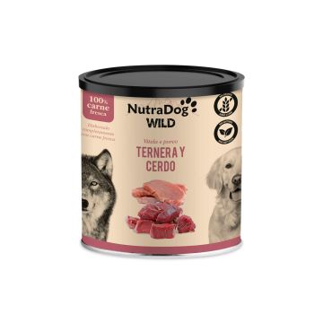 Lata de comida húmeda NutraDog WILD Ternera y Cerdo 100% carne fresca sin granos