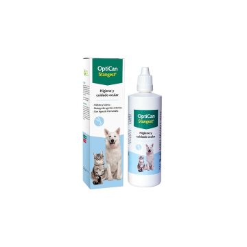 Botella y caja de limpiador ocular OptiCan Stangest con perro y gato
