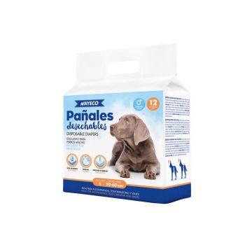 Pañal para perro macho con indicador de humedad, cierre adhesivo y banda elástica, en 4 tallas de 30 a 83 cm de cintura.