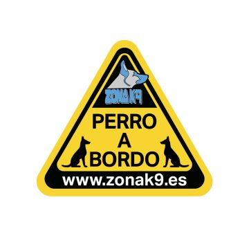 Pegatina para coche triangular de Zona K9 con el texto "Perro a Bordo" en amarillo y negro.