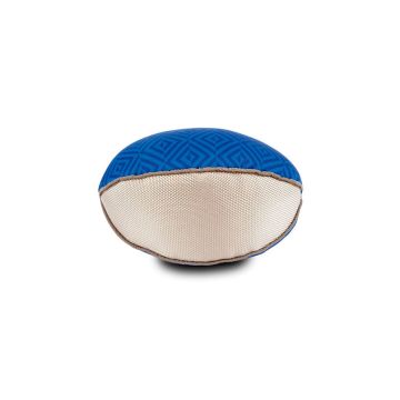 Pelota de juguete para perro Ibañez con forma de rugby, en color azul y blanco, diseñada para flotar en el agua.