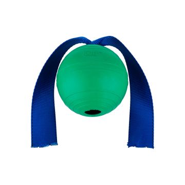 Detalle frontal de la pelota texturizada KOREFlex verde con doble asa de nylon azul para cobro
