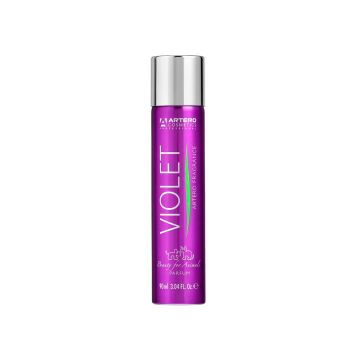 Bote de spray Artero Perfume Violet color morado fondo blanco