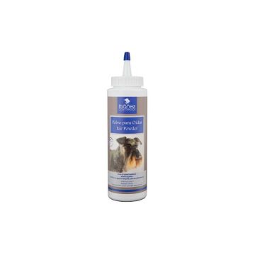 Botella de Polvo para Oídos de la marca Ibáñez Cosmetics, para facilitar la limpieza y el arrancado de pelo en los oídos del perro.