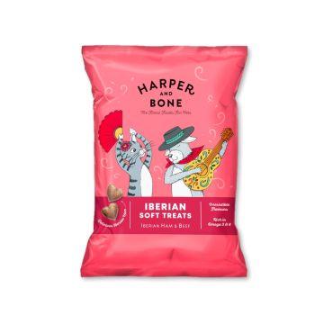 Bolsa de premios blandos para mascotas Harper & Bone Iberian Soft Treats sabor jamón y ternera.
