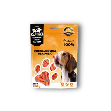 Envase frontal naranja de Mini Salchichas de Conejo Quibro 100g, 100% natural