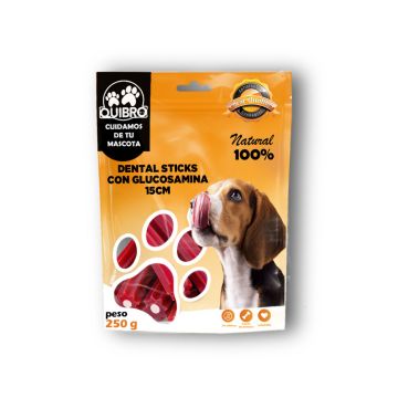 Bolsa envase de 250g Quibro Dental Sticks con glucosamina 15cm color naranja y negro con fotografía de perro Beagle