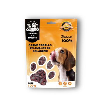 Envase frontal de snack Quibro de carne de caballo en anillos de colágeno 100g con diseño naranja y huella transparente
