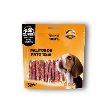 Bolsa naranja de 100g de snacks Quibro Palitos de Pato 12cm para perros, mostrando los sticks en la ventana transparente.