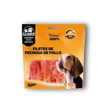 Bolsa de snacks Quibro filetes de pechuga de pollo 100g, envase naranja con ventana transparente que muestra la carne deshidratada