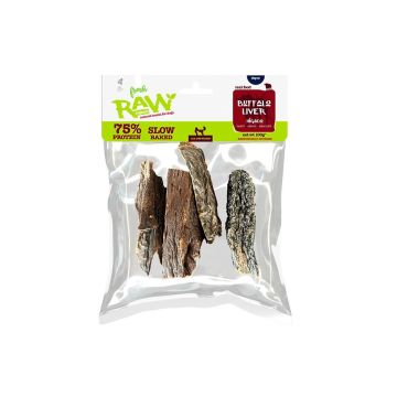 Bolsa de Fresh Raw con tiras de hígado de búfalo deshidratado, un snack nutritivo y rico en proteínas para perros.