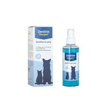 Bote de spray dental Stangest DentiVet 125ml junto a su caja azul y blanca con siluetas de perro y gato