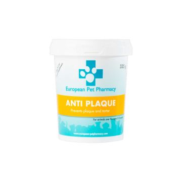 Bote de 335g del suplemento en polvo Antiplaca para perros de European Pet Pharmacy.