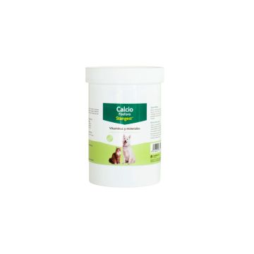 Bote blanco de suplemento Calcio Fósforo Stangest 500 comprimidos con imagen de perro y gato