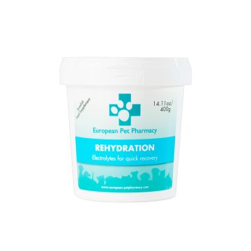 Bote de 400g del suplemento de rehidratación con electrolitos para perros de European Pet Pharmacy.
