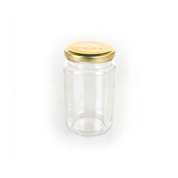 Tarro de vidrio vacío Euro Joe 370ml con tapa dorada twist-off sobre fondo blanco