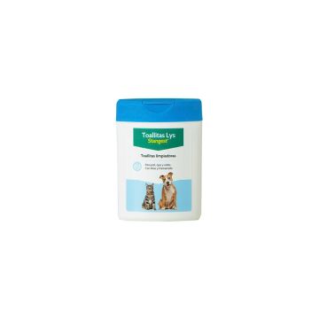 Bote de toallitas limpiadoras Lys de Stangest para la higiene de ojos y oídos de perros y gatos.