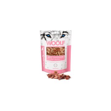 Bolsa de Snack Woolf Sándwich Pequeño de Pato 100gr para perros, con cierre zip para conservar la frescura. Snack natural, rico en proteínas, sin aditivos ni conservantes.