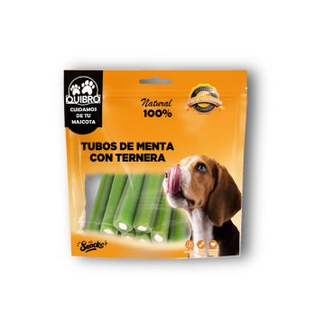 Bolsa frontal de 530g de snacks dentales Tubos de Menta con Ternera marca Quibro para perros adultos.