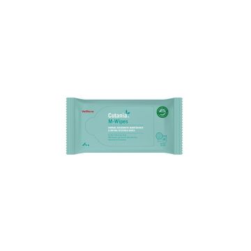 Paquete de toallitas dermatológicas VetNova Cutania M-Wipes para la higiene y cuidado de la piel en perros.