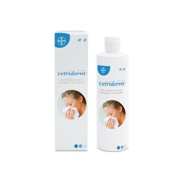 Bote de loción Vetriderm Bayer 350ml junto a su caja original sobre fondo blanco