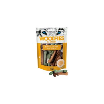 Bolsa de snacks dentales Woolfies by Woolf color amarillo con ventana transparente mostrando premios en forma de cepillo y hueso